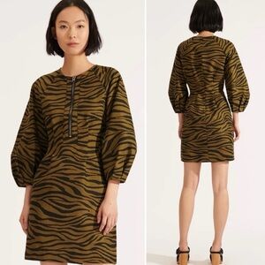 Veronica Beard Navi Tiger Zebra Stripe Puff Sleeve Zip Front Mini Dress size 6